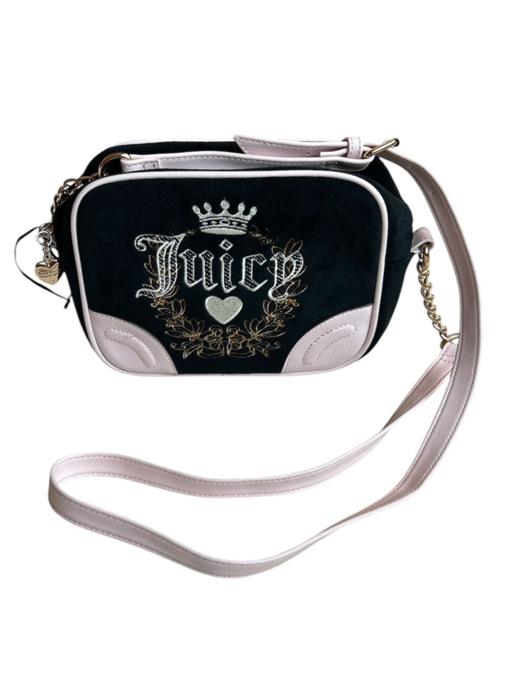 NWOT Juicy Couture Light Licorice Heritage Crossbody Black And Pink Velour Bag